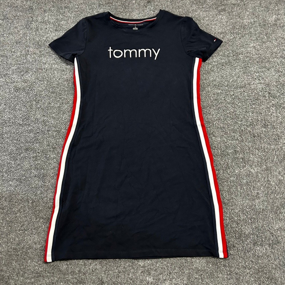 Tommy Hilfiger T-Shirt Dress Womens Size S Navy Blue Logo Side Stripe Athleisure